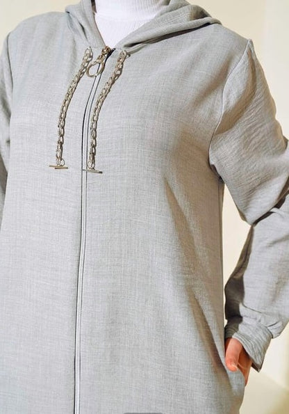 Turkish Zippered Linen 2 Pc Tunic Set Grey - USA Hijab World