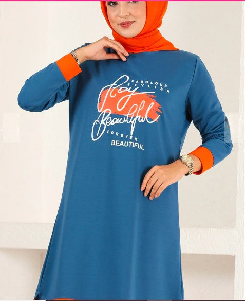 Turkish 2Pcs Hooded Long Sleeve Tunic Set Orange Blue - USA Hijab World