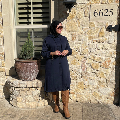 Hijab Turkish winter outfit with Hood Navy Blue