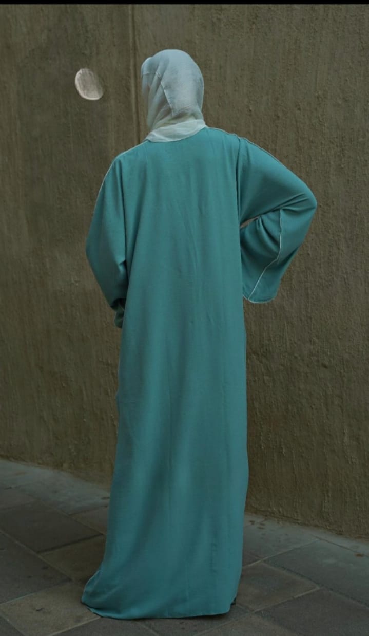 Dubai Abaya with White Piping and Show Buttons on the Front and Sleeves in Turquoise - USA Hijab World