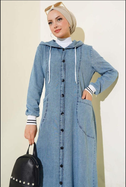 Turkish Long Sleeve Buttoned Hooded Denim Cotton Abaya - USA Hijab World