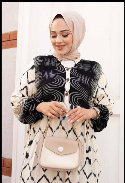 .Turkish Watery Patterned Viscous Dress Black - USA Hijab World