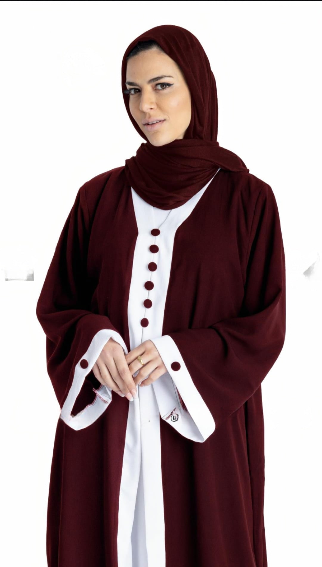 Dubai Shrug Abaya With Show Buttons On Front And Sleeves In Maroon - USA Hijab World