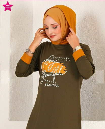 Turkish 2Pcs Hooded Long Sleeve Tunic Set Orange Olive - USA Hijab World