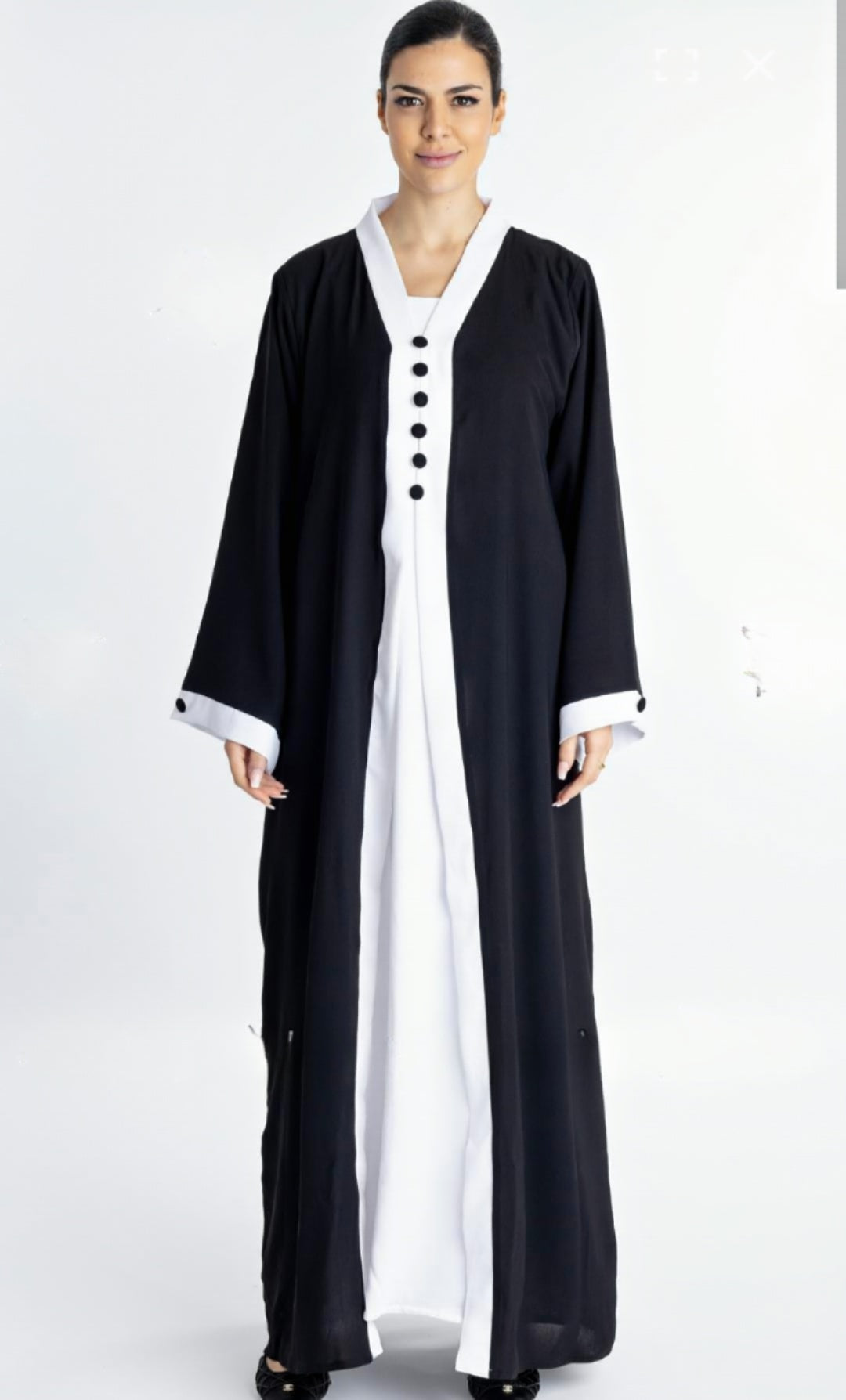 Dubai Shrug Abaya With Show Buttons On Front And Sleeves In Black - USA Hijab World