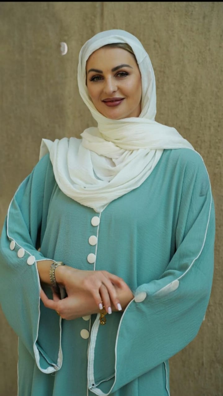 Dubai Abaya with White Piping and Show Buttons on the Front and Sleeves in Turquoise - USA Hijab World