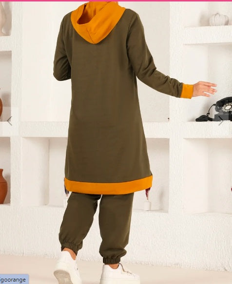 Turkish 2Pcs Hooded Long Sleeve Tunic Set Orange Olive - USA Hijab World