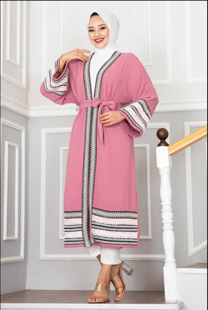 Turkish Aylin Patterned Open Cardigan Kimono Pink - USA Hijab World