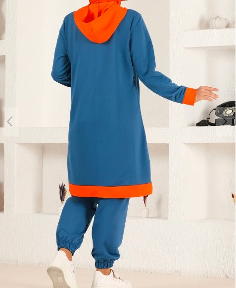 Turkish 2Pcs Hooded Long Sleeve Tunic Set Orange Blue - USA Hijab World