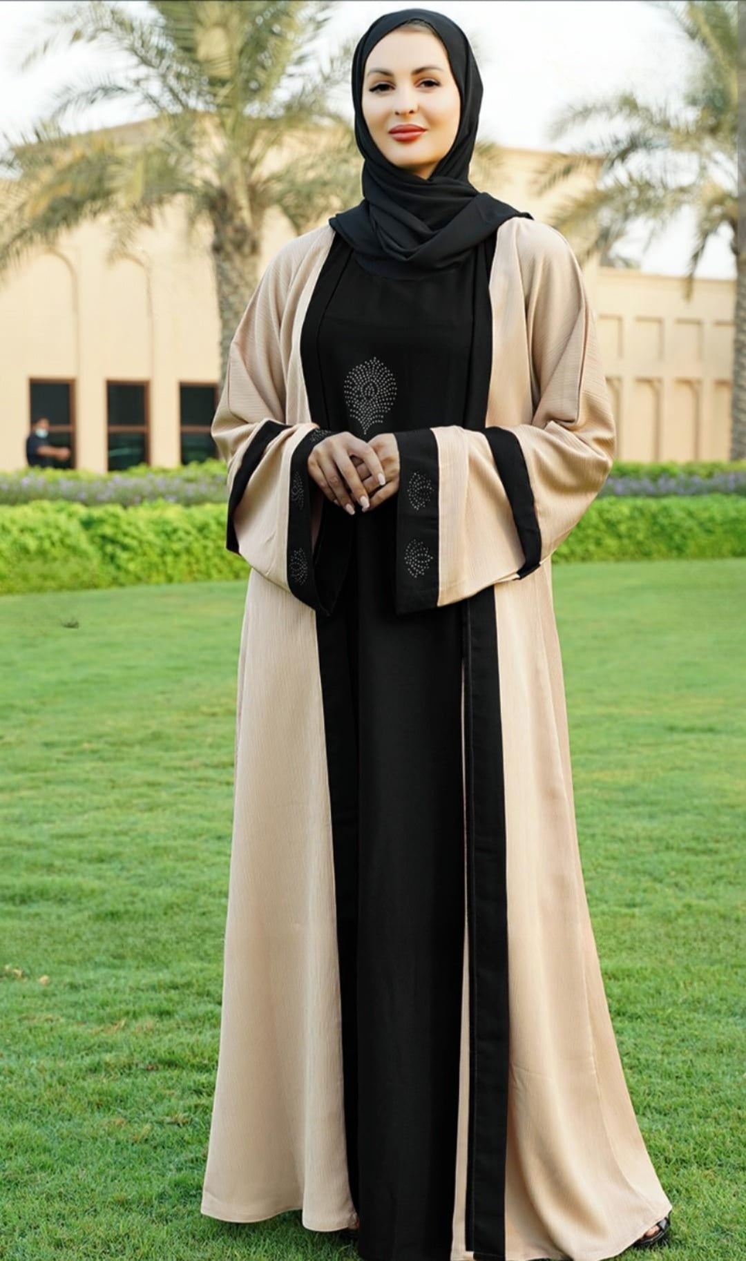 Masha Crepe Dark Maroon Abaya With an Attached Cream Shrug In CEY. - USA Hijab World