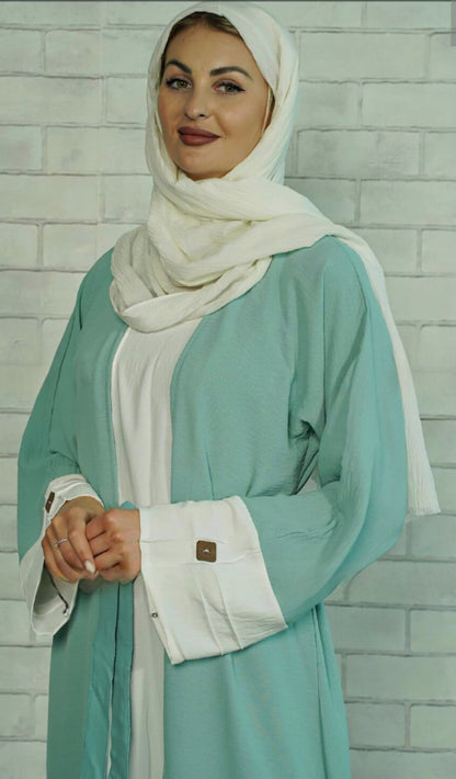 Dubai Long Sleeve open Abaya with Attached Cotton Long Basic Green - USA Hijab World