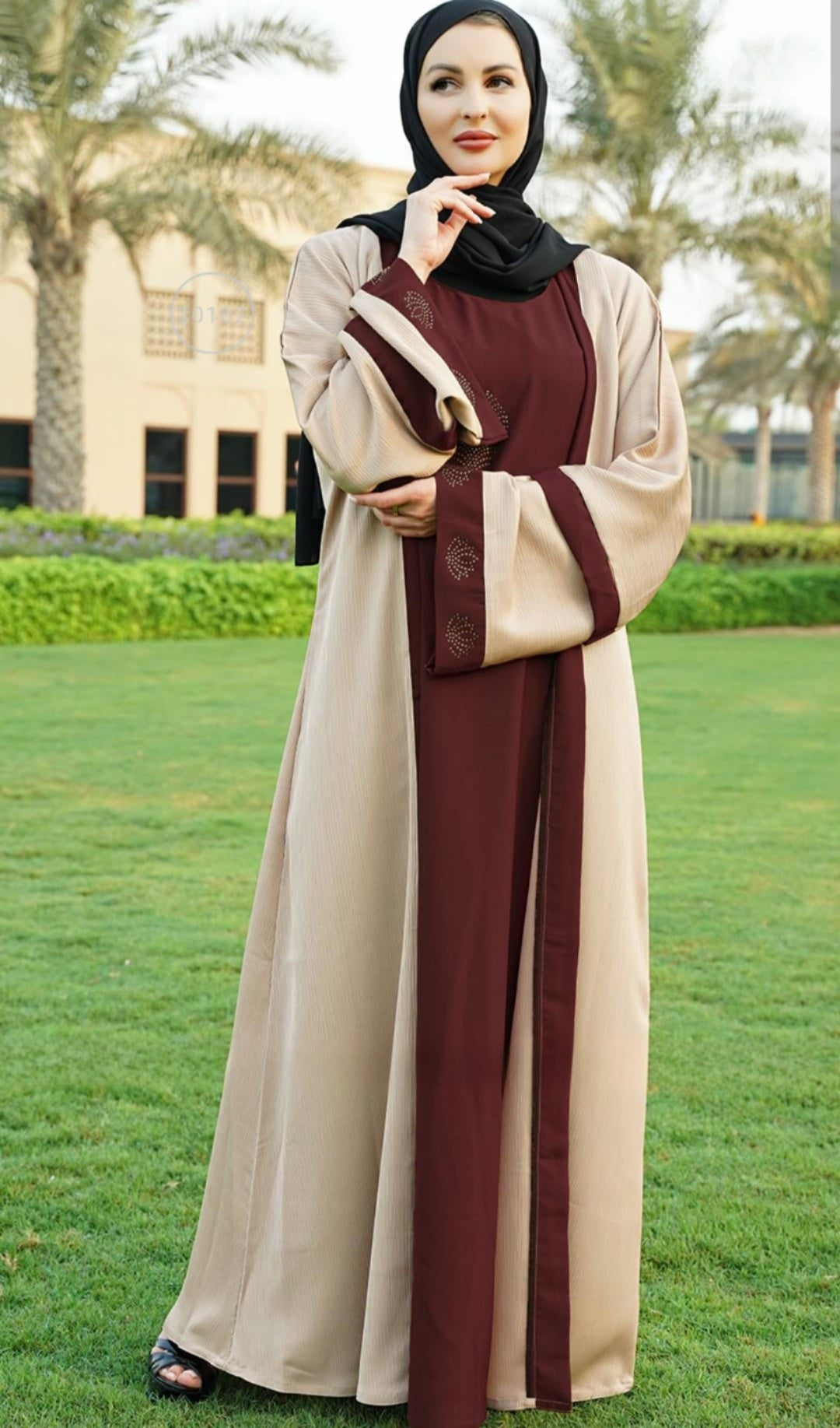 Dubai Masha Crepe Dark Maroon Abaya With an Attached Cream Shrug - USA Hijab World