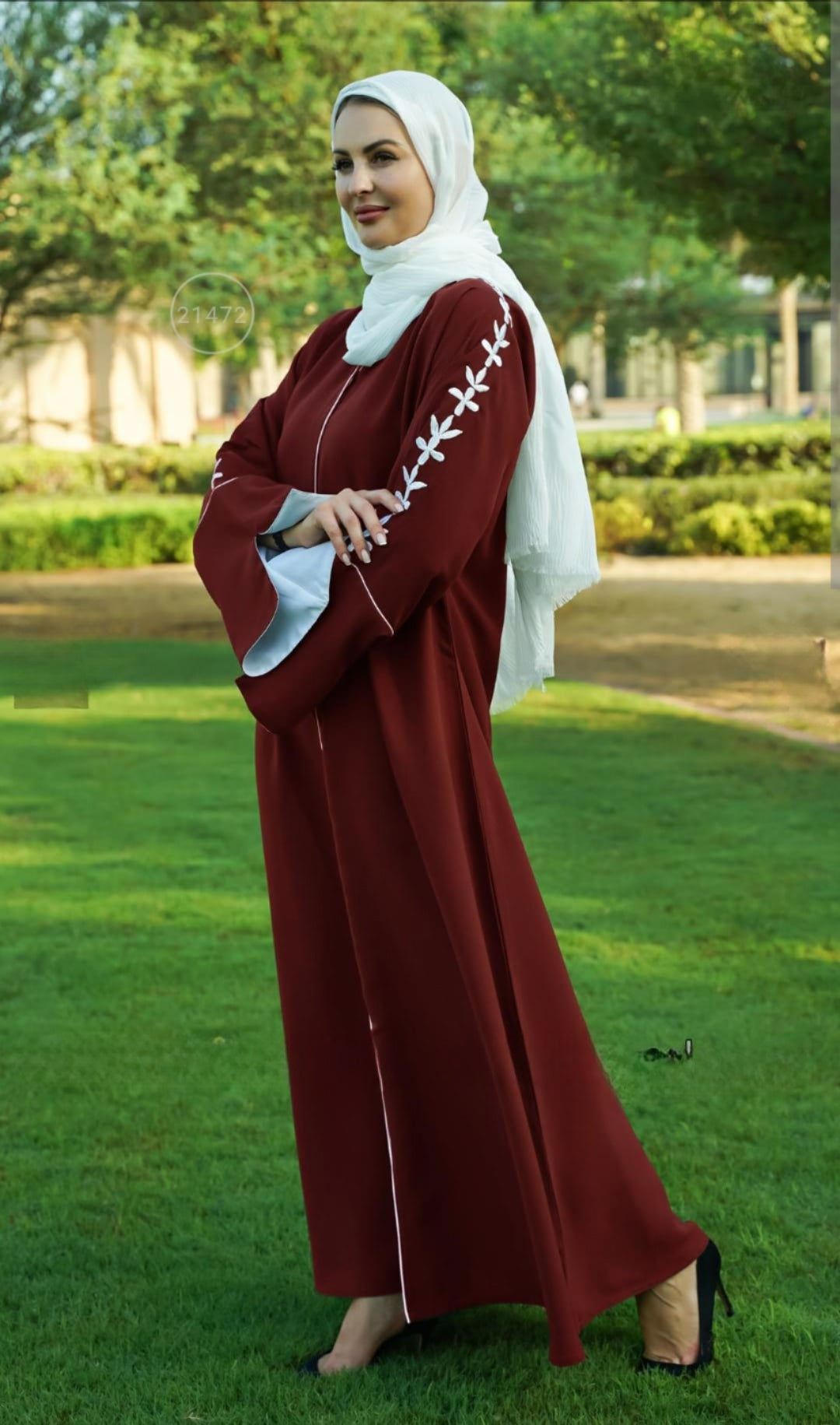 Dubai Abaya With Embroidery Work On Sleeve With Piping In Maroon - USA Hijab World