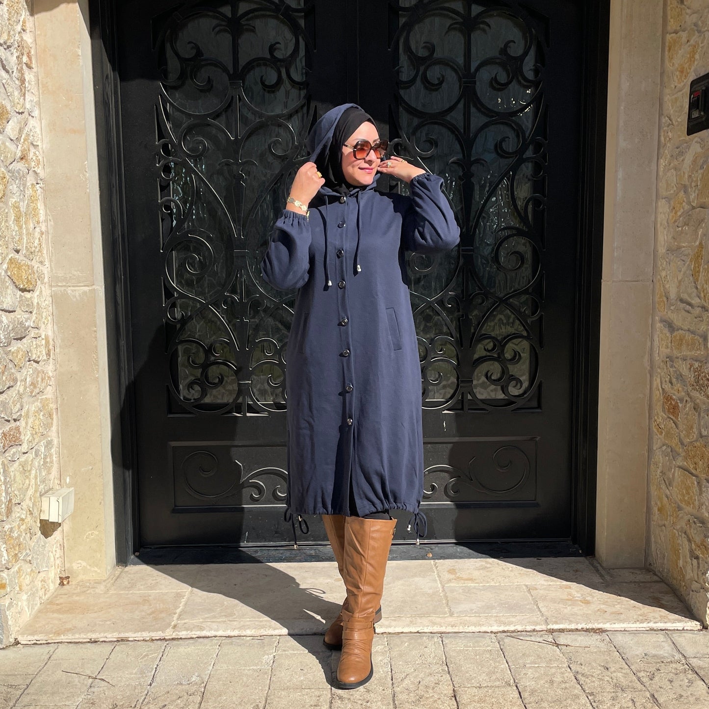 Hijab Turkish winter outfit with Hood Navy Blue