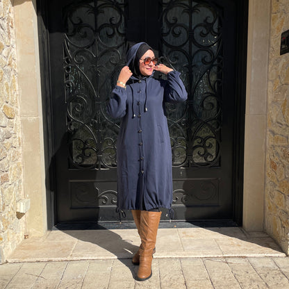 Hijab Turkish winter outfit with Hood Navy Blue