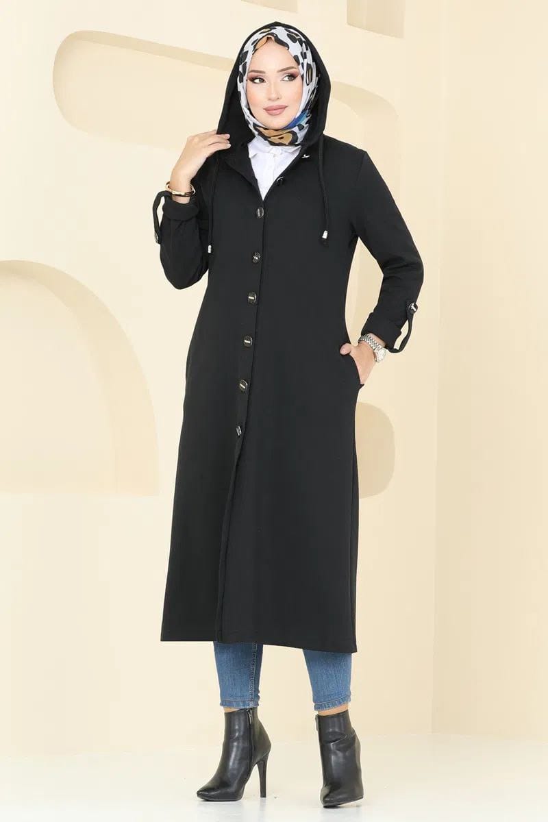 Turkish Long Sleeve Buttoned Overcoat Black - USA Hijab World