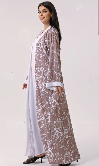 Dubai Shrug Abaya With Abstract Print In Brown - USA Hijab World