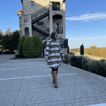 Modest Winter Wear-Turkish Long Hooded Tunic Outfit for Women in Brown & Green