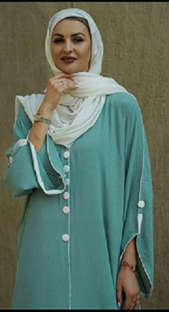 Dubai Abaya with White Piping and Show Buttons on the Front and Sleeves in Turquoise - USA Hijab World