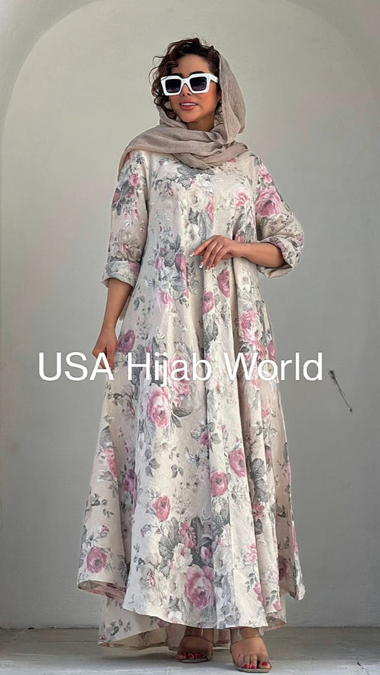 Italian Linen Dress with V Neck Beige Matte Color