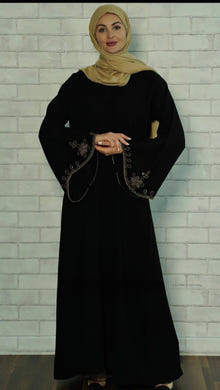 Black Masha Crepe Abaya with Golden Beads on the Sleeves and Back. - USA Hijab World