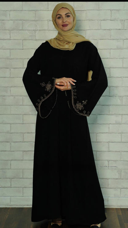 Black Masha Crepe Abaya with Golden Beads on the Sleeves and Back. - USA Hijab World