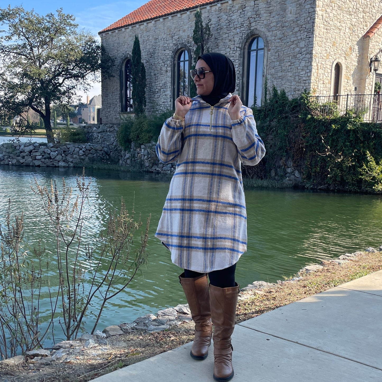 Modest Winter Wear-Turkish Long Hooded Tunic Outfit for Women in Beige