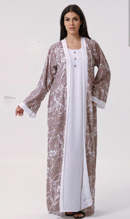 Dubai Shrug Abaya With Abstract Print In Brown - USA Hijab World