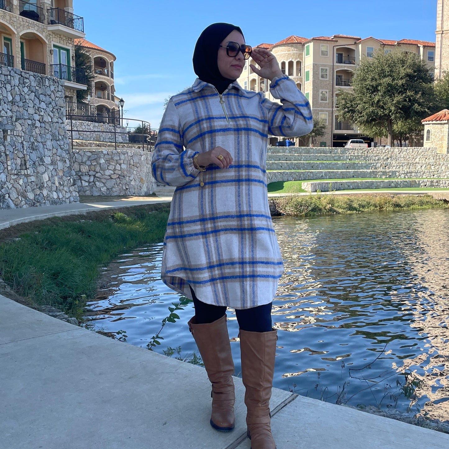 Modest Winter Wear-Turkish Long Hooded Tunic Outfit for Women in Beige