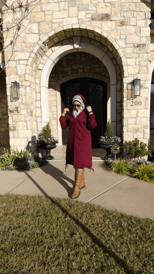Hijabi winter outfit Turkish Buttoned Winter Top Burgundy