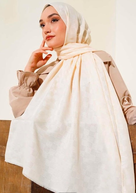 Turkish Shiny Pattern Cotton Shawl Cream - USA Hijab World