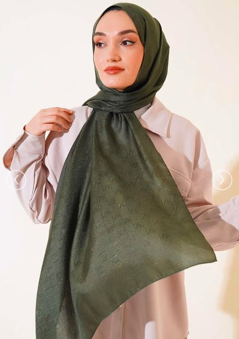 Turkish Shiny Jacquard Pattern Cotton Shawl Olive - USA Hijab World