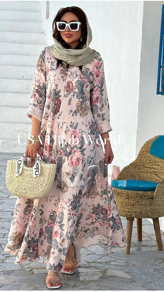 Italian Linen Dress with V Neck Pink Matte Color