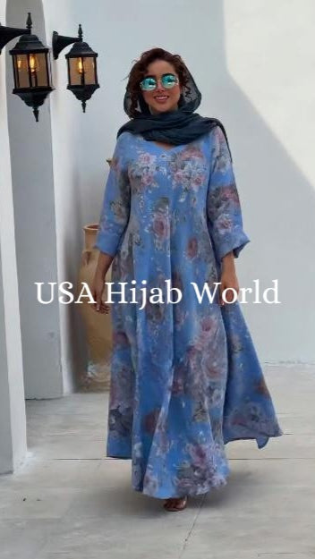 Italian Linen Dress V Neck Blue Matte  Color