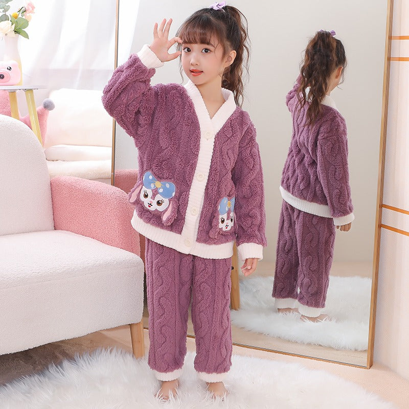 Winter Warm Thick Oversize Kids Buttoned Pajama Purple - USA Hijab World