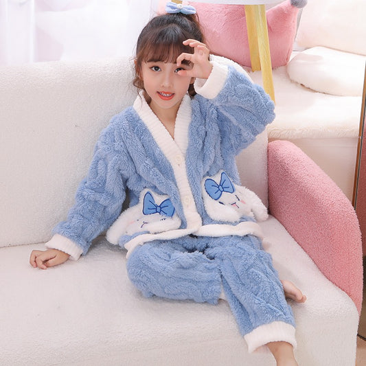 Winter Warm Thick Oversize Kids Buttoned Pajama Blue & White - USA Hijab World