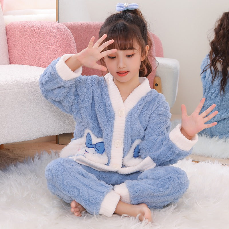 Winter Warm Thick Oversize Kids Buttoned Pajama Blue & White - USA Hijab World