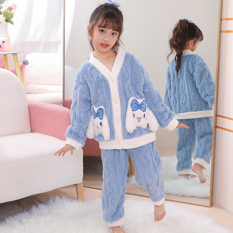 Winter Warm Thick Oversize Kids Buttoned Pajama Blue & White - USA Hijab World