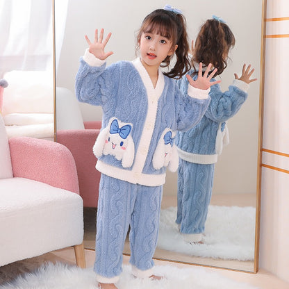 Winter Warm Thick Oversize Kids Buttoned Pajama Blue & White - USA Hijab World