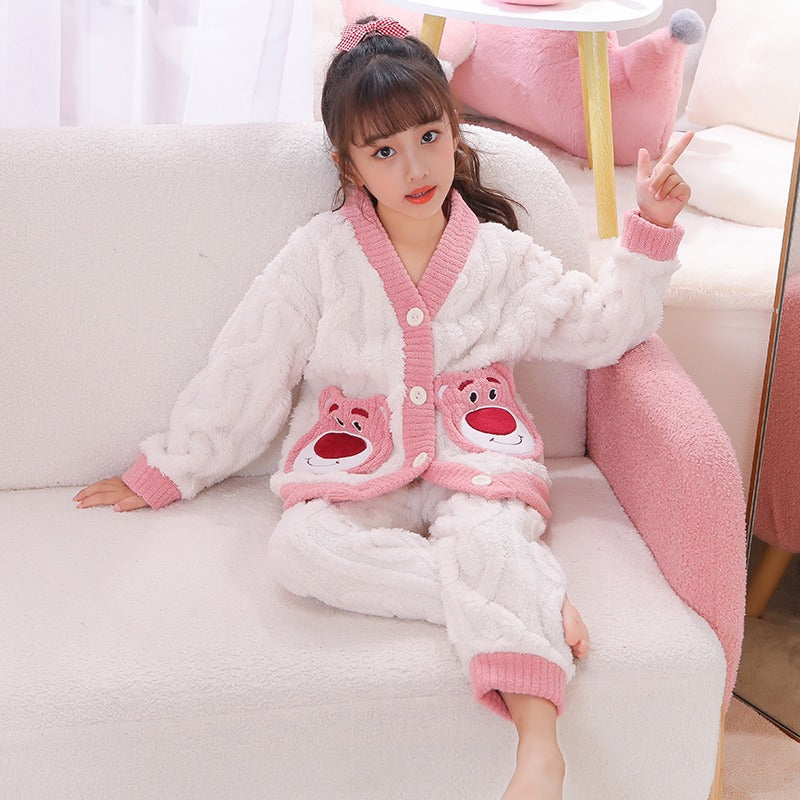 Winter Warm Thick Oversize Kids Buttoned Pajama Pink & White - USA Hijab World