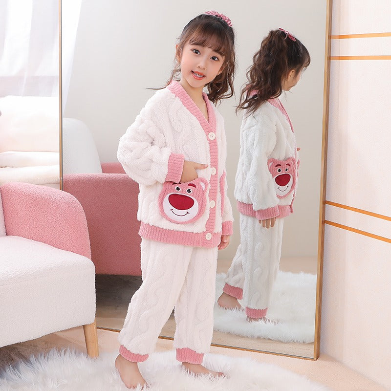 Winter Warm Thick Oversize Kids Buttoned Pajama Pink & White - USA Hijab World