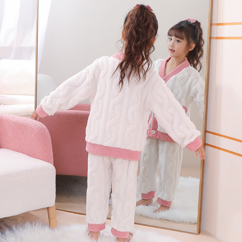 Winter Warm Thick Oversize Kids Buttoned Pajama Pink & White - USA Hijab World