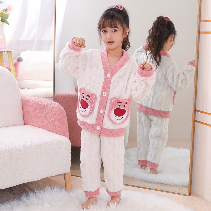 Winter Warm Thick Oversize Kids Buttoned Pajama Pink & White - USA Hijab World