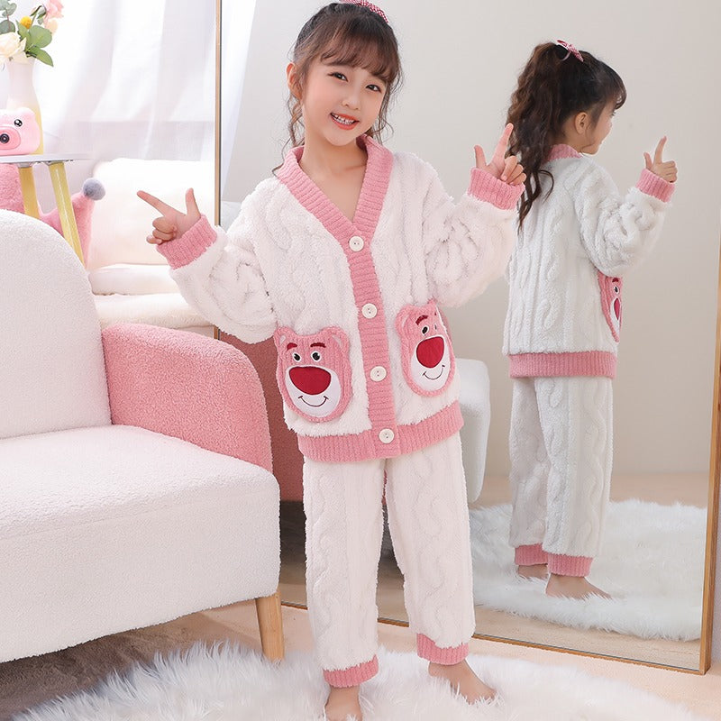 Winter Warm Thick Oversize Kids Buttoned Pajama Pink & White - USA Hijab World