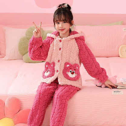 Winter Warm Thick Oversize Kids Buttoned Pajama Pink & Beige - USA Hijab World