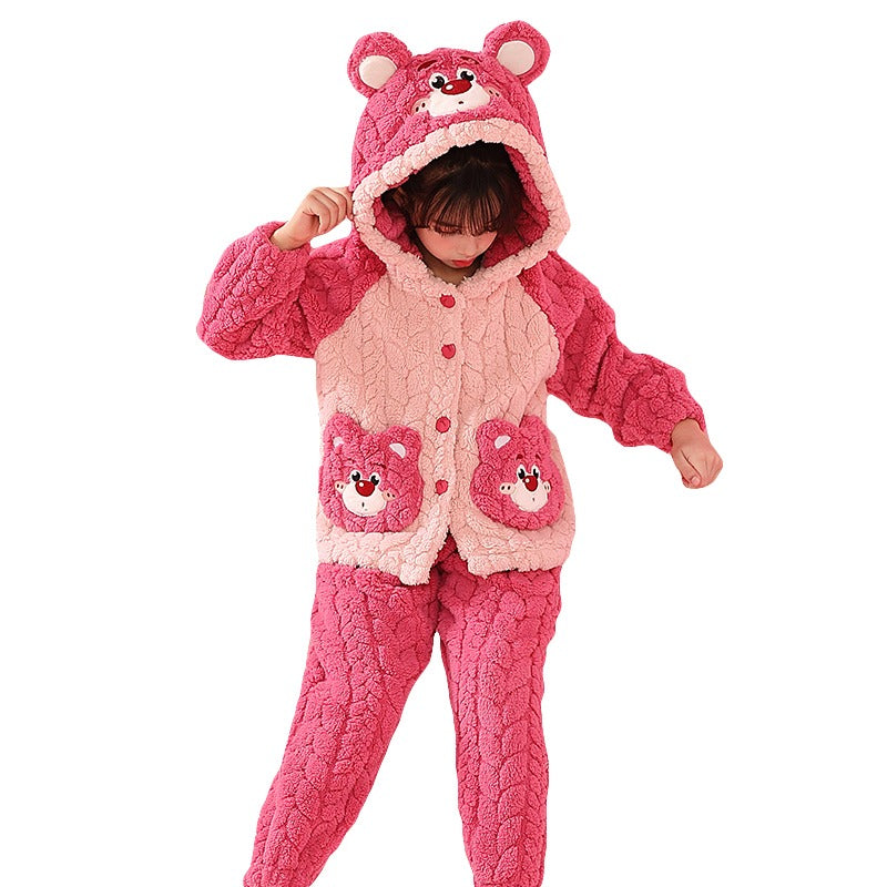 Winter Warm Thick Oversize Kids Buttoned Pajama Pink & Beige - USA Hijab World