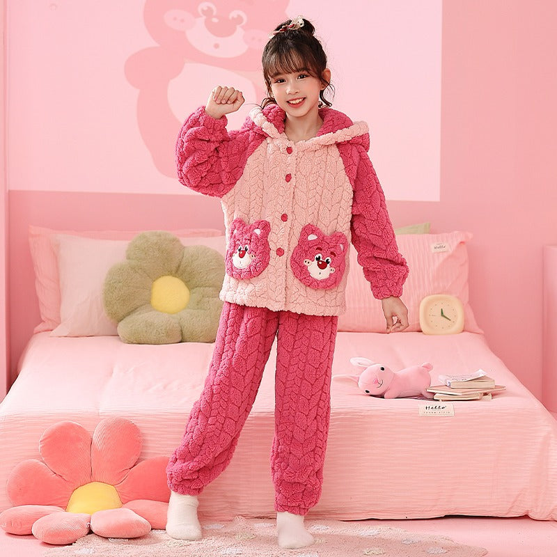 Winter Warm Thick Oversize Kids Buttoned Pajama Pink & Beige - USA Hijab World