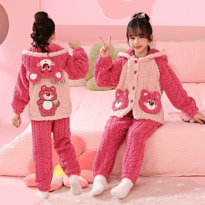 Winter Warm Thick Oversize Kids Buttoned Pajama Pink & Beige - USA Hijab World