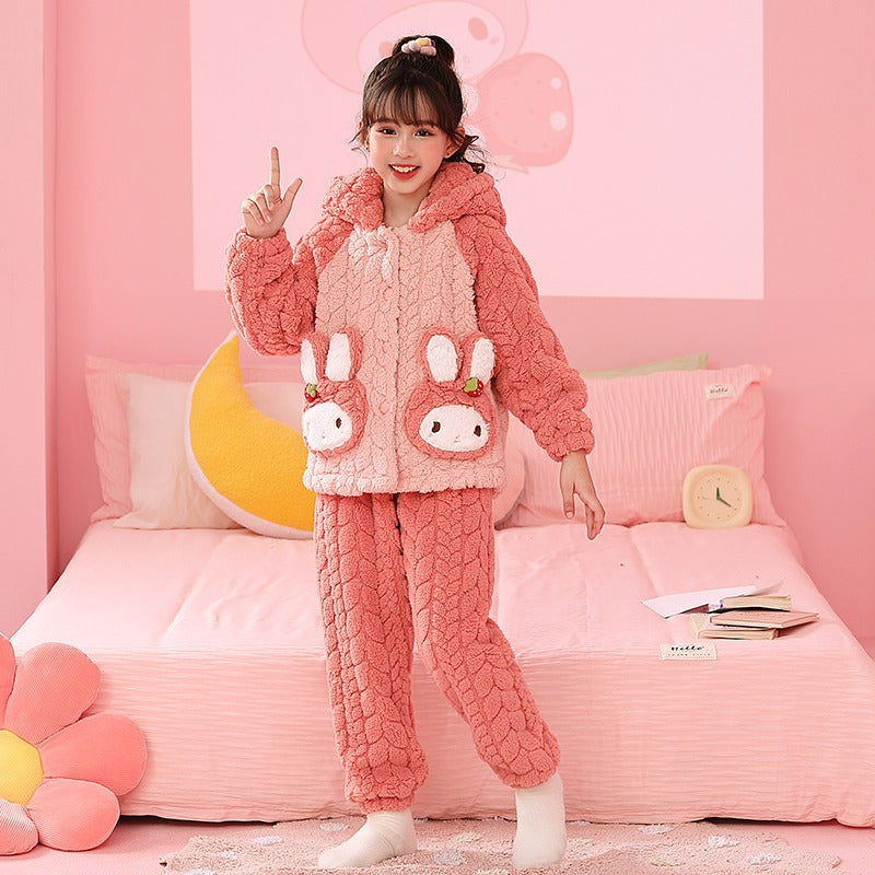 Winter Warm Thick Oversize Kids Buttoned Pajama Pink - USA Hijab World