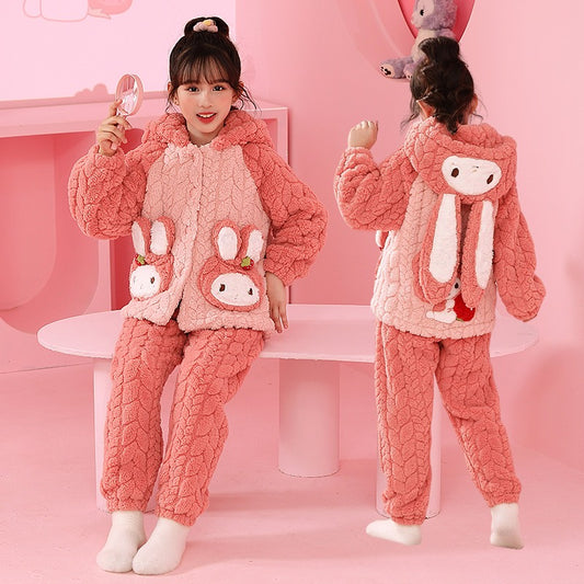 Winter Warm Thick Oversize Kids Buttoned Pajama Pink - USA Hijab World